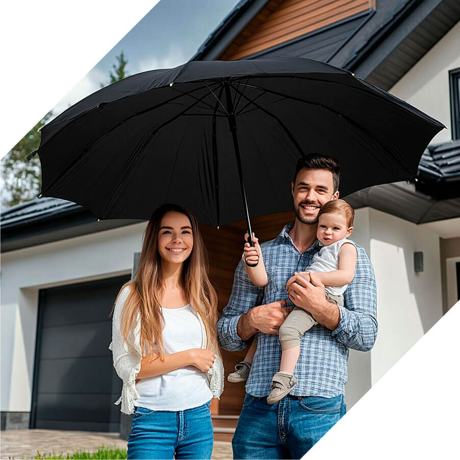 A man and woman protectively hold their baby under a large umbrella, symbolizing love.
